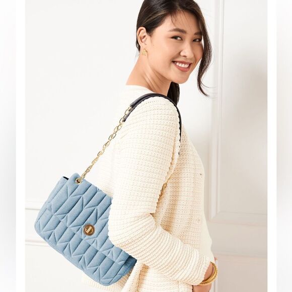 Talbots Gold Tone Chain Strap Leather Trim Quilted Denim Blue Shoulder Bag - Picture 2 of 16